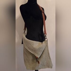 Vintage Addiction Foldover Ash Grey Jute Crossbody Bag Purse Leather Straps NWT
